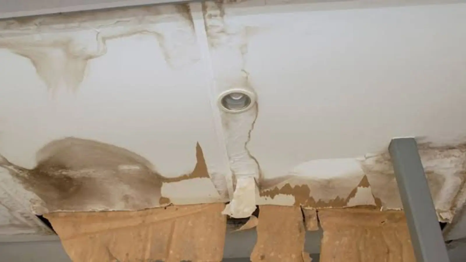 A water-damaged ceiling with peeling drywall paper around a light fixture